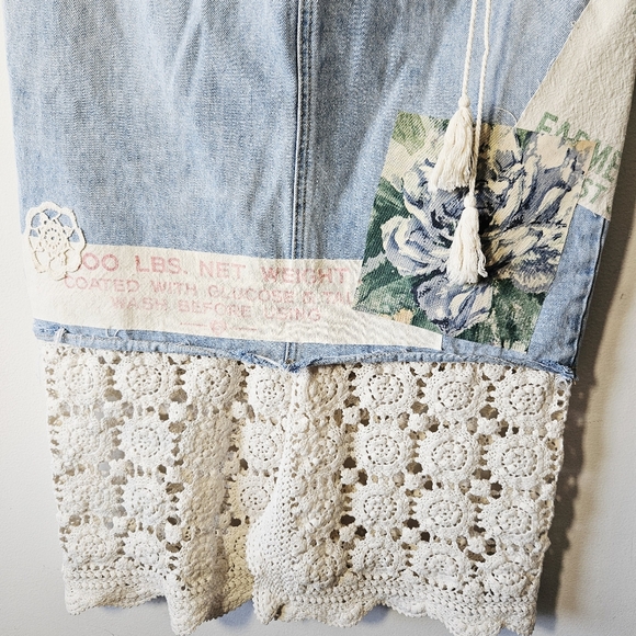 Upcycled Patchwork Boho Lace Denim Skirt Size 8 Floral Rice Bag Tassel Handmade - Picture 4 of 7